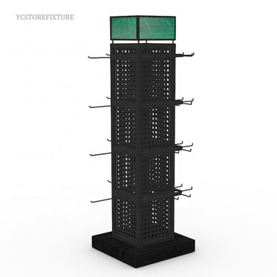 Newest four-way metal rotating stand display accessories with wooden base