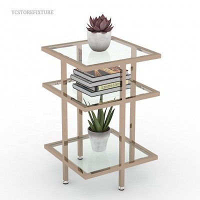 Luxury style home use metal frame bookshelf glass commodity rack shelf