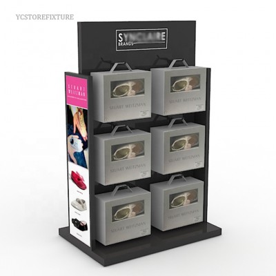 New design black wood gift box baby shoe retail display stand