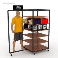 Stylish retail store wood shelf clothes display rack with mannequin