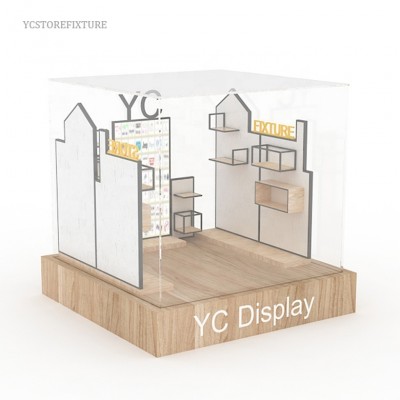 Showroom model transparent acrylic display box with wooden base