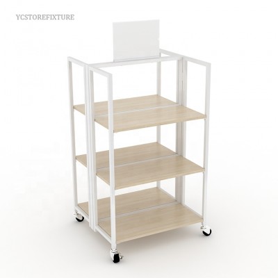 Factory price double sided wheeled 3-tier wood shelves for home